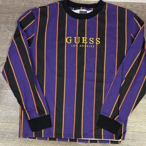 GUESS Los Angeles Striped Long Sleeve Logo Top – Purple/Black | Size M